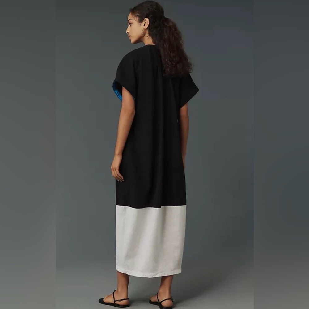 ANTHROPOLOGIE Short Sleeve Collared Linen Maxi Shirt Dress Colorblock W&B XS - Picture 3 of 15